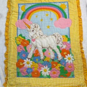 Vintage quilted Baby Blanket Mystical Unicorn Rainbow Meadow Friends 33.5x42 in